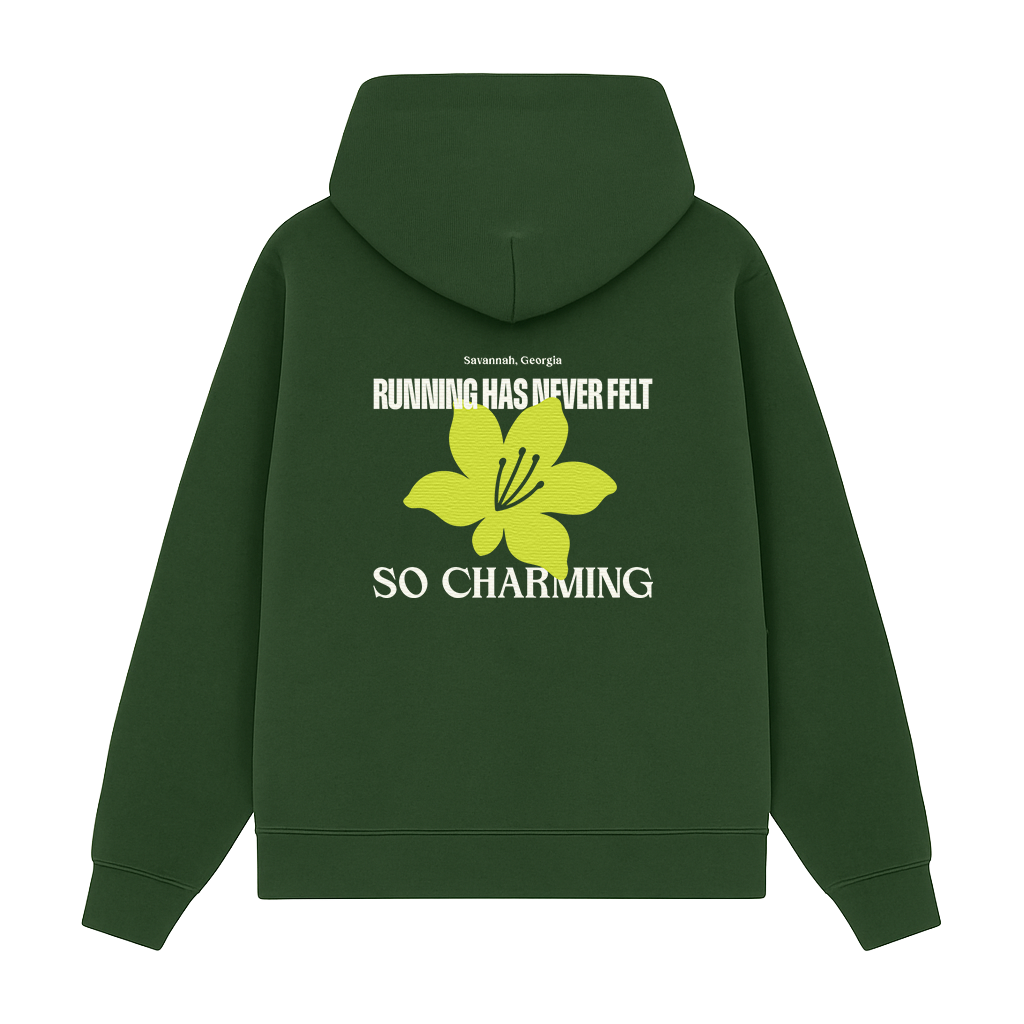 Green hoodie with a yellow flower graphic and text on the back 