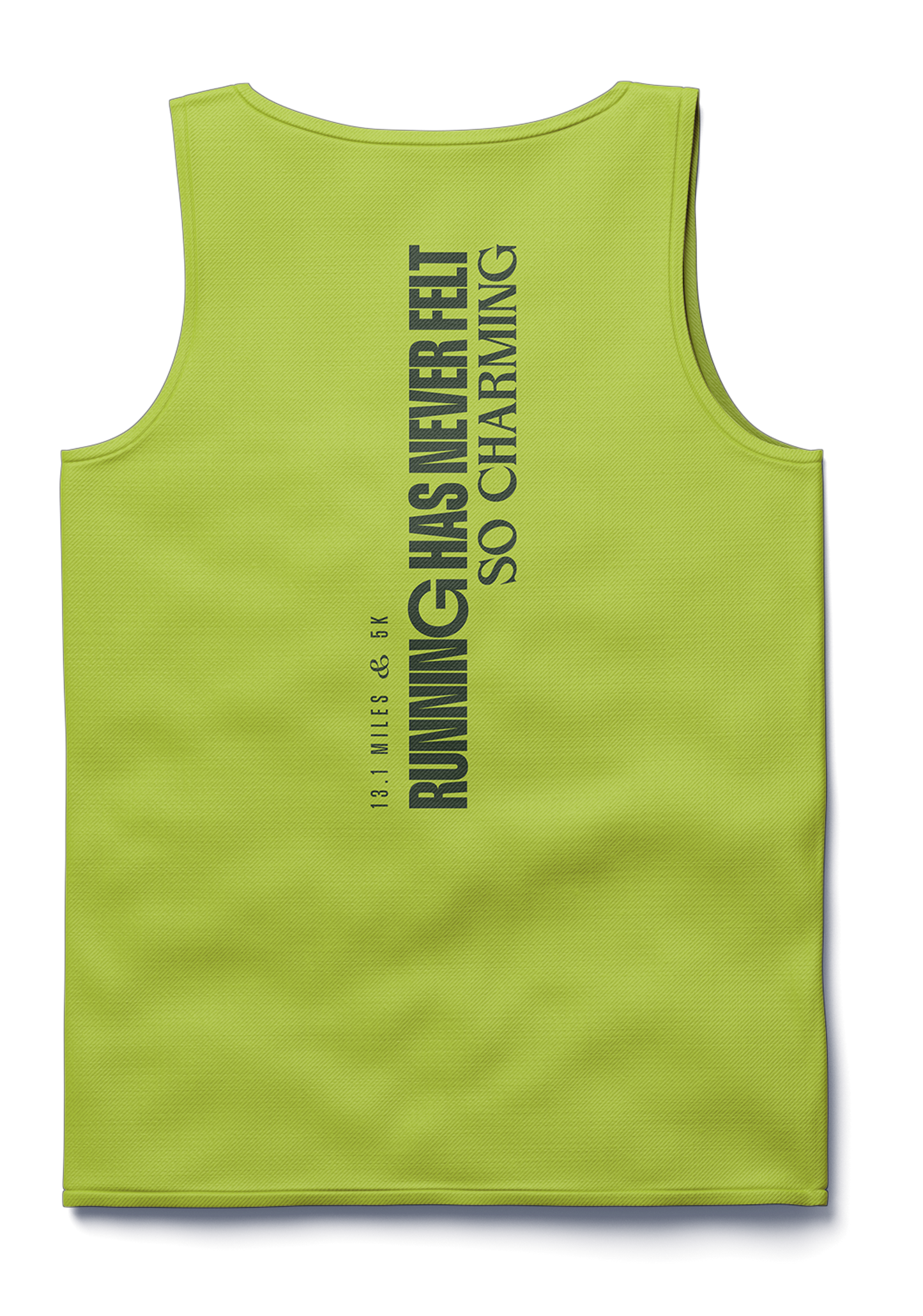 Green tank top with 'Running has never felt so charming' tagline