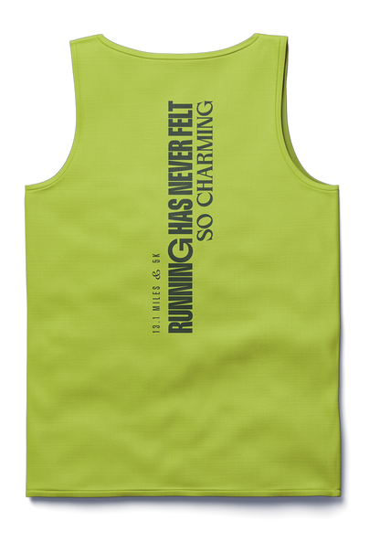 Green tank top with 'Running has never felt so charming' tagline